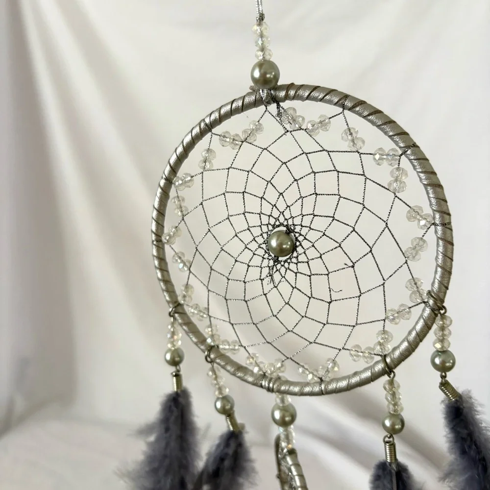 Iridescent beaded dream catcher blue home decor wall hanging